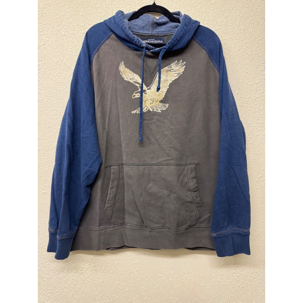 American Eagle Mens XXL Raglan Hoodie Blue Gray Distressed Eagle Graphic Fleece